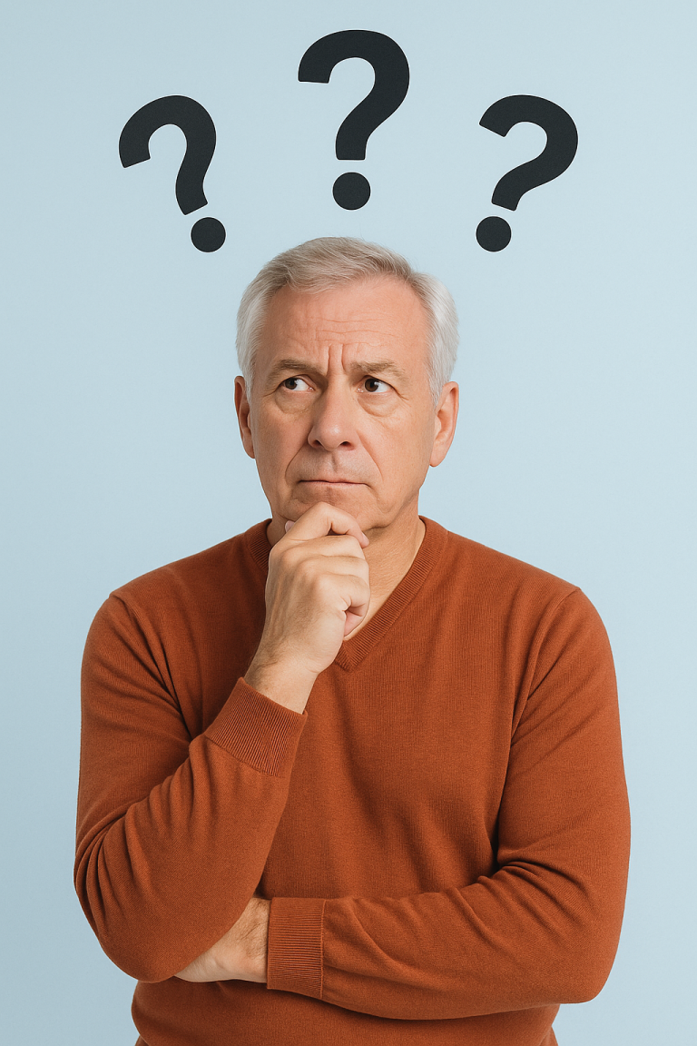 Hombre reflexionando con signos de interrogación