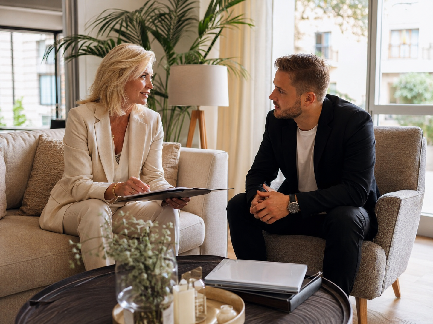 Agente inmobiliaria conversando con clientes en un salón de Madrid